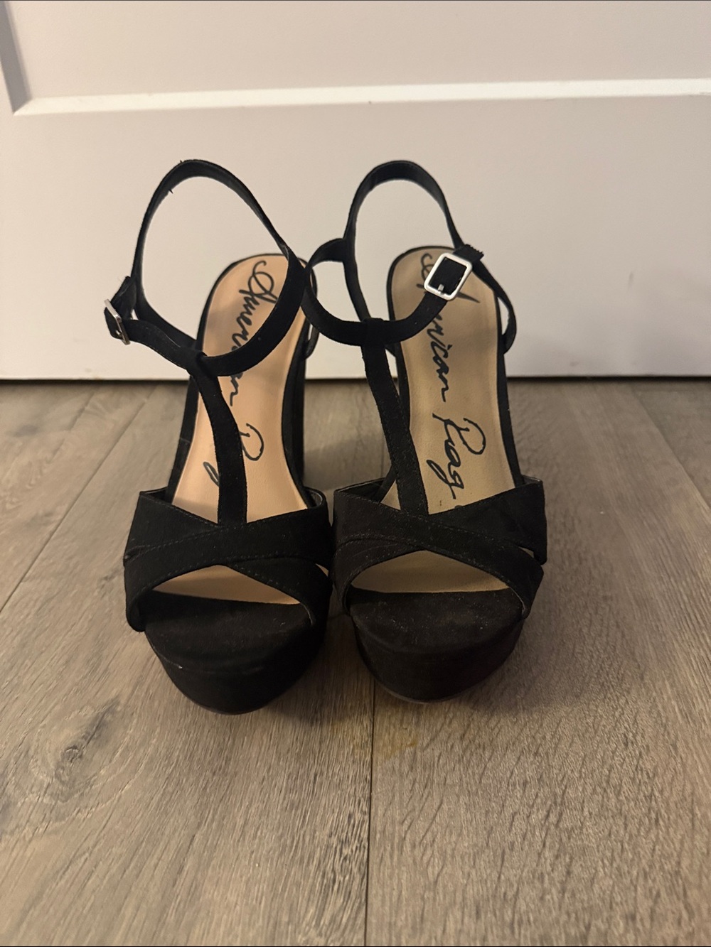 American Rag Black Suede Platform T-Strap Sandals